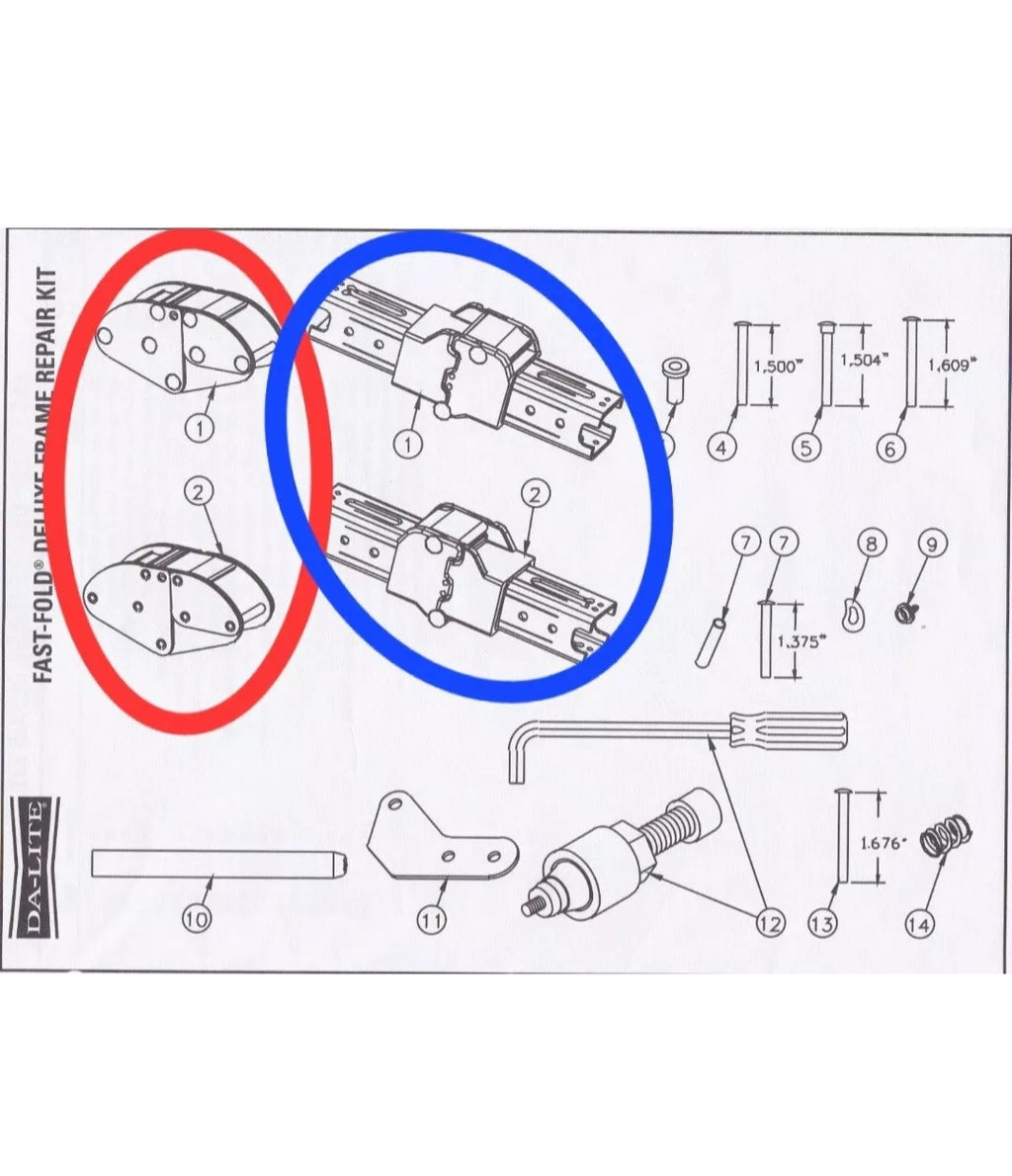 Da-lite Left hinge/latch assembly - For Fast Fold Deluxe models manufactured prior to 2008 (Circled in red)